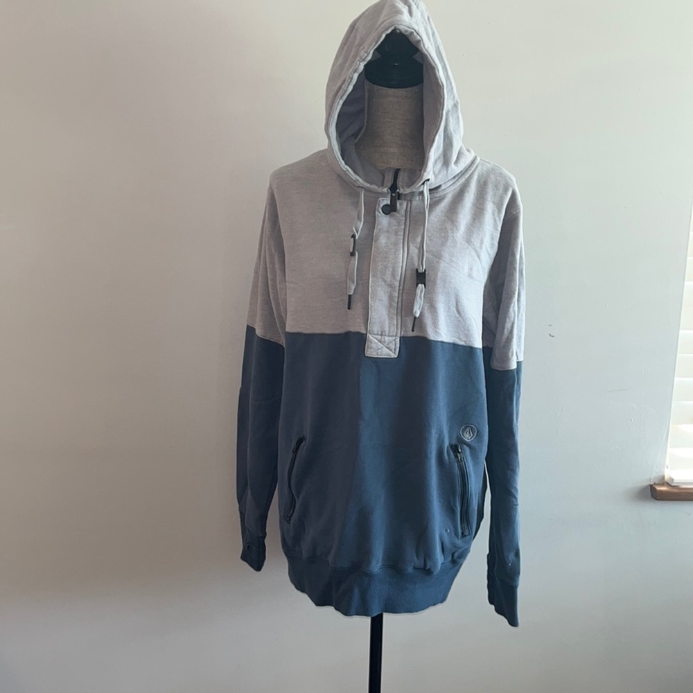 Volcom Navy Paint & Gray Color Block Pullover Hoodie - Men 3/4 snap and zippered